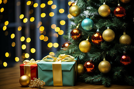 圣诞树边的礼物盒背景图片