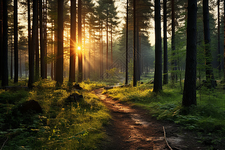 阳光照耀下的森林小径图片