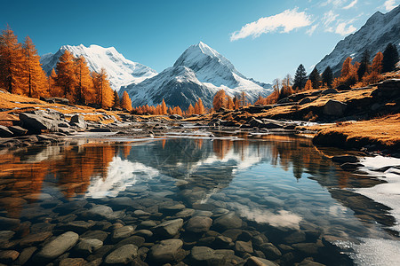 石头的雪山河流背景图片