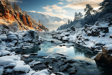 冬季的雪地小溪背景图片