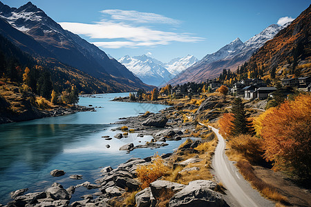 瀑布山水秋色山湖风景背景