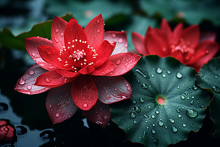 花瓣水珠水中的红花背景