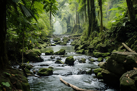 翠绿丛林中流淌的小溪图片