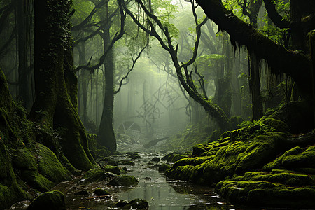 翠绿丛林中的溪流图片