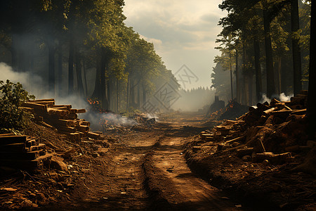 木柴堆积在森林小路上背景图片