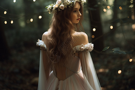 森林里的精灵白色裙装的女子站在森林中背景