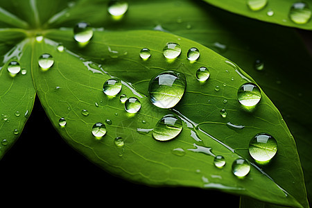 水滴点缀的绿叶图片