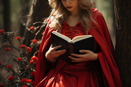 女孩在森林里穿着红斗篷图片