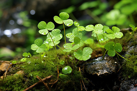 雨后苔藓中的三叶草图片