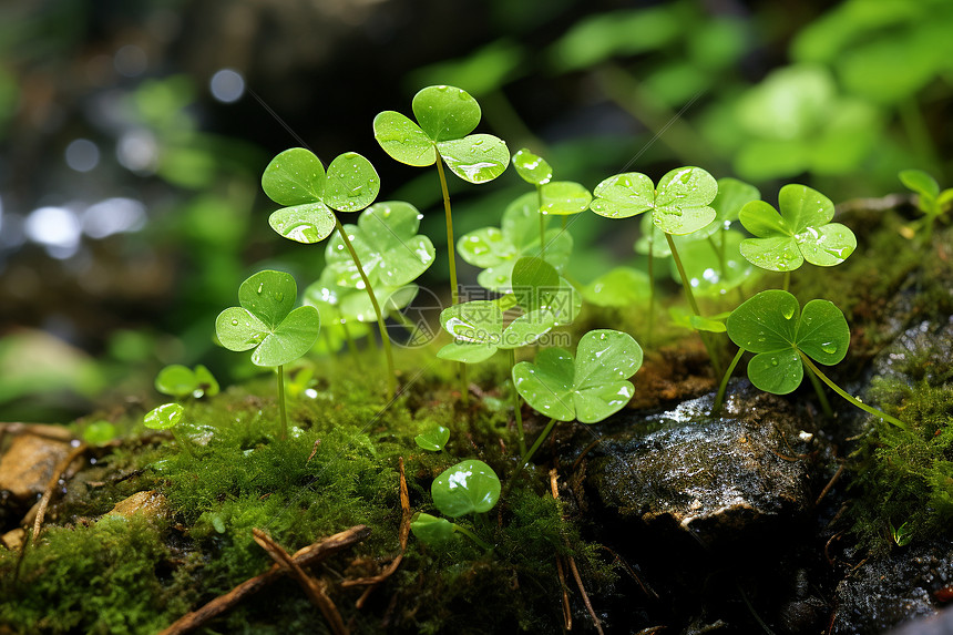 雨后苔藓中的三叶草图片