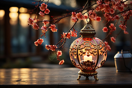 梅花灯笼挂饰梅花下的中国灯笼背景