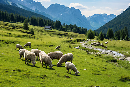 夏季山间觅食的羊群图片