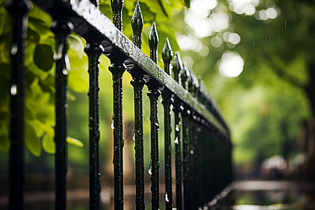 栅栏上的雨水图片