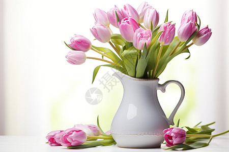 装满粉色花朵的白花瓶图片