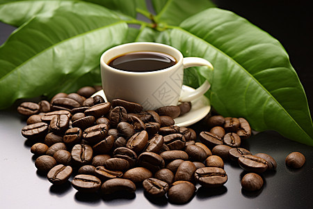 一杯咖啡和咖啡豆背景图片