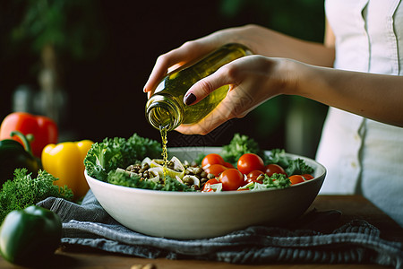 拿着食物女人沙拉中倒入调味料的女人背景