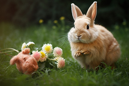 拿着花束兔子春日花田玩耍的兔子背景