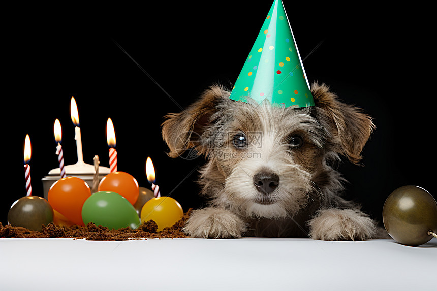 可爱的小狗戴着生日帽子图片