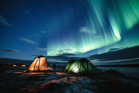 冰岛极光极光下的露营帐篷背景