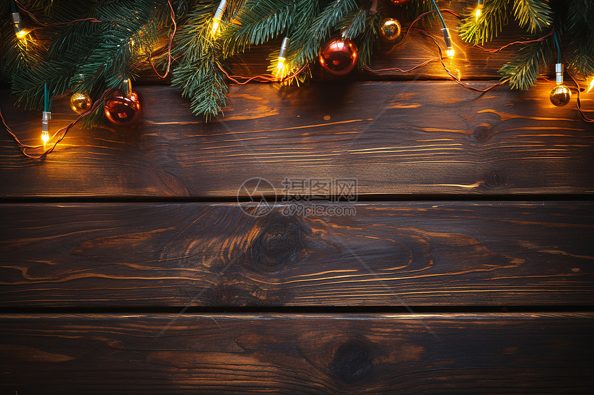 木质背景上的传统圣诞节装饰灯图片
