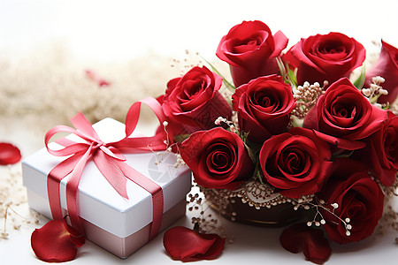礼盒与玫瑰花束浪漫花束与红丝带盒子背景