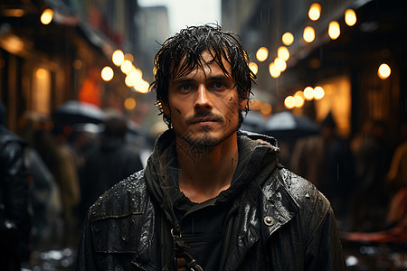 下雨天城市道路上的外国男子背景图片