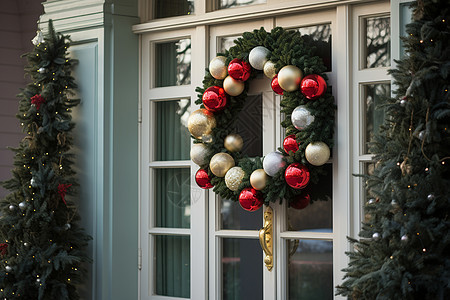门前的圣诞装饰物图片