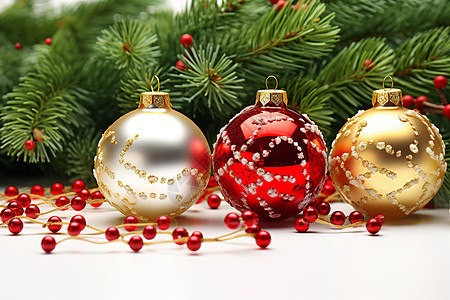 三个圣诞饰品与松树图片