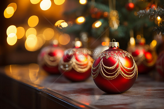 圣诞树上闪耀的红金色饰品一组桌子旁边有背景灯光厄内斯特·威廉·圣诞的艺术与工艺运动的3渲染图片
