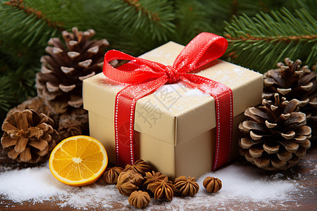 圣诞礼盒与松果背景图片