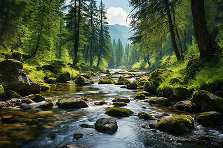 溪流穿过森林背景图片
