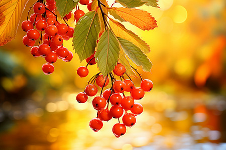 树枝上悬挂的红浆果背景图片
