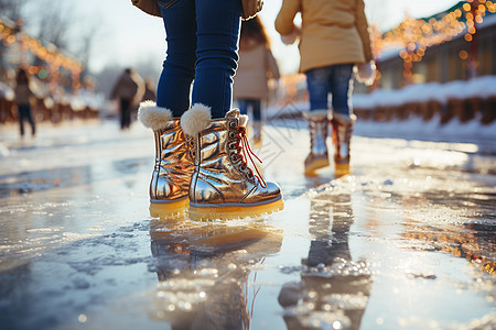 冬日漫步滑雪的欢乐时光高清图片