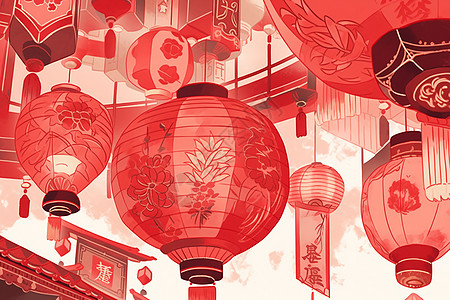 红色灯笼下的中国文化背景图片