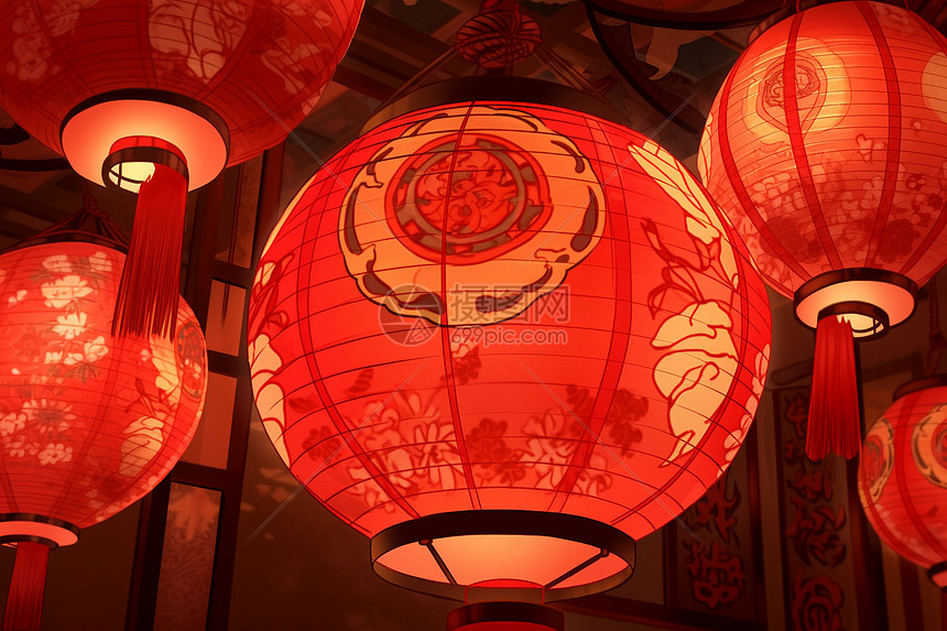 中国红灯笼精美花纹与细节图片