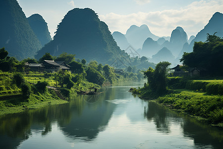 山水画意的青山绿水竟敢背景图片