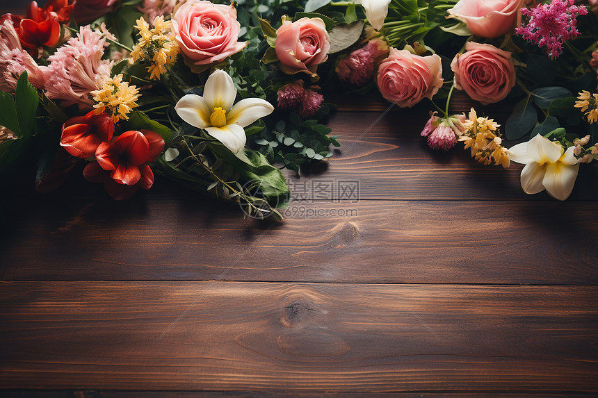 花香四溢的鲜花木桌背景图片