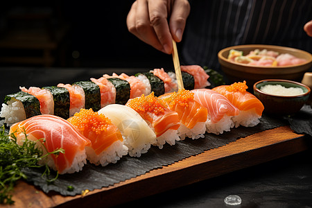 精心制作的三文鱼寿司背景图片