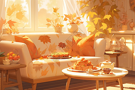 温暖氛围的客厅和美食图片