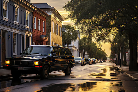 黑车停在雨后的城市街道上图片