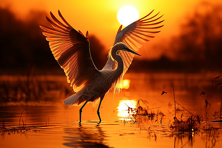 落日余晖中展翅的鸟图片