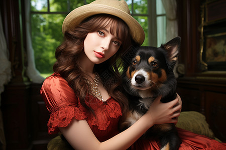 时尚女子与宠物狗背景图片