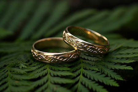 黄金戒指绿叶植物上优雅的戒指背景