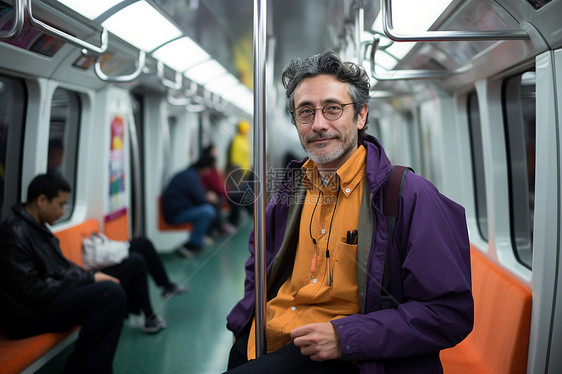 男子坐在地铁车厢中图片
