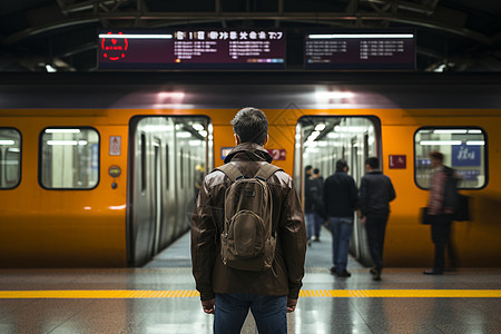 中年男子在地铁站台等待列车背景图片