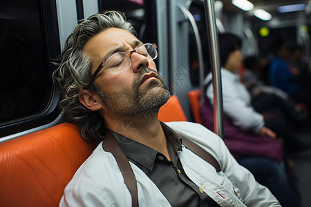 地铁车厢里熟睡的中年男子图片