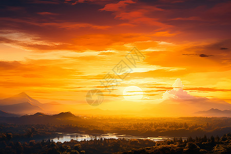 山脉夕阳照湖泊图片