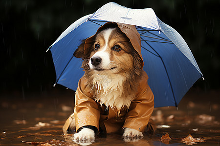 拉一把一把伞为小狗遮挡雨水背景