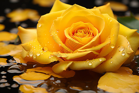 黄色水珠水中的玫瑰背景