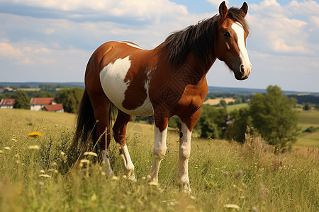 自然美景草原上一匹棕色马背景图片